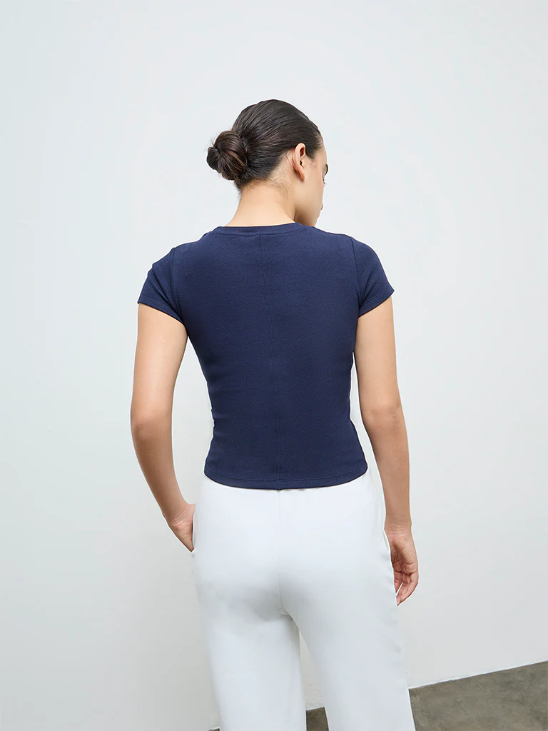 Nuoflexx Navy Ribbed-Textured Cotton-Blend T-Shirt - Image 4