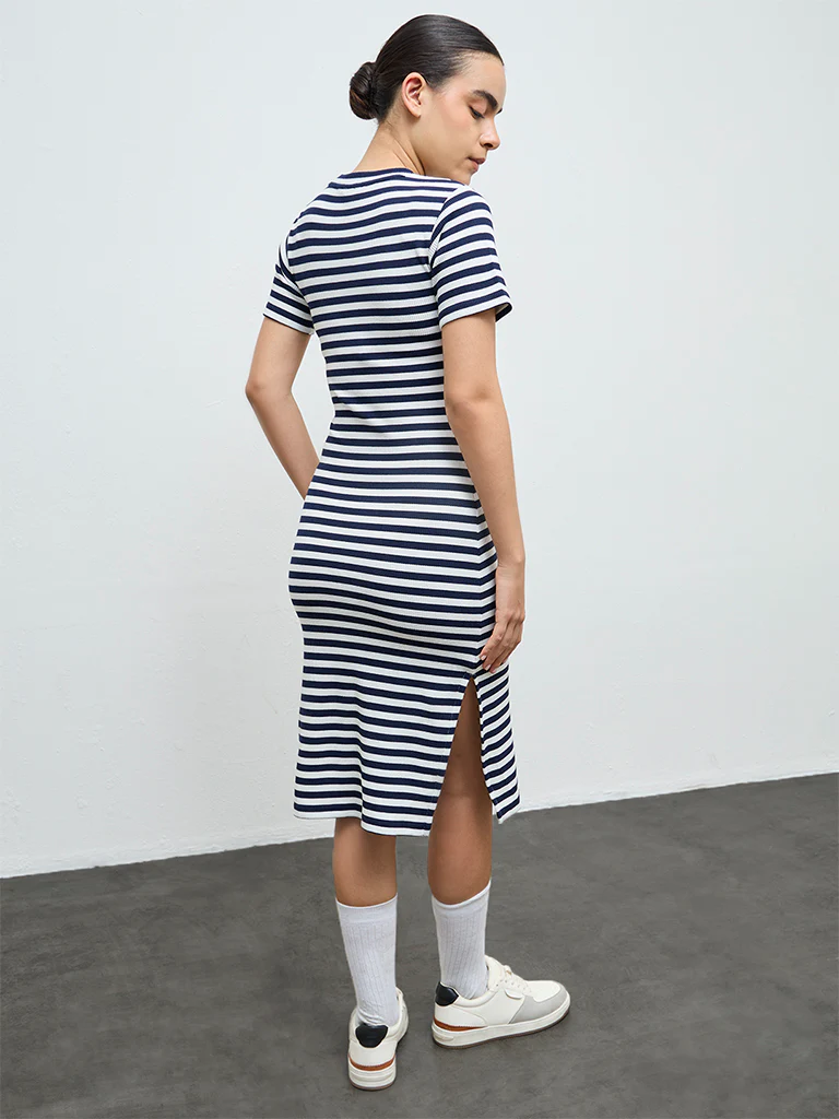 Nuoflexx Navy Striped Cotton-Blend Straight Dress - Image 4
