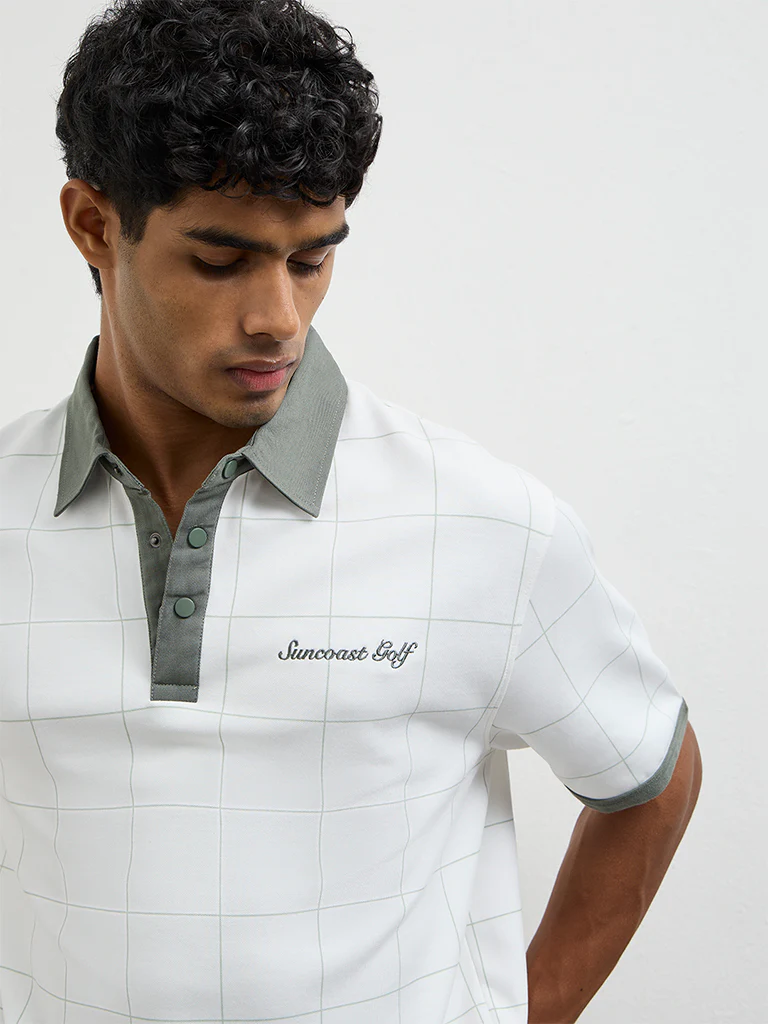 Nuoflexx Off-White Checkered Relaxed-Fit Cotton-Blend Polo T-Shirt - Image 3