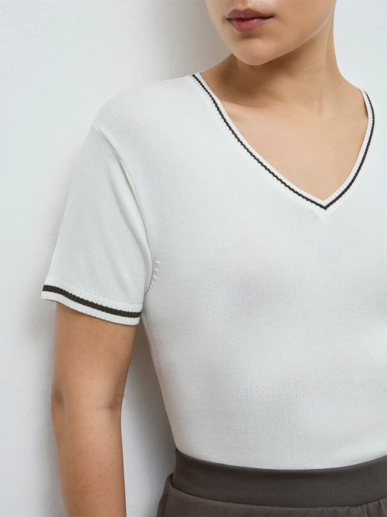 Nuoflexx Off-White Contrast-Detail Cotton Top - Image 3