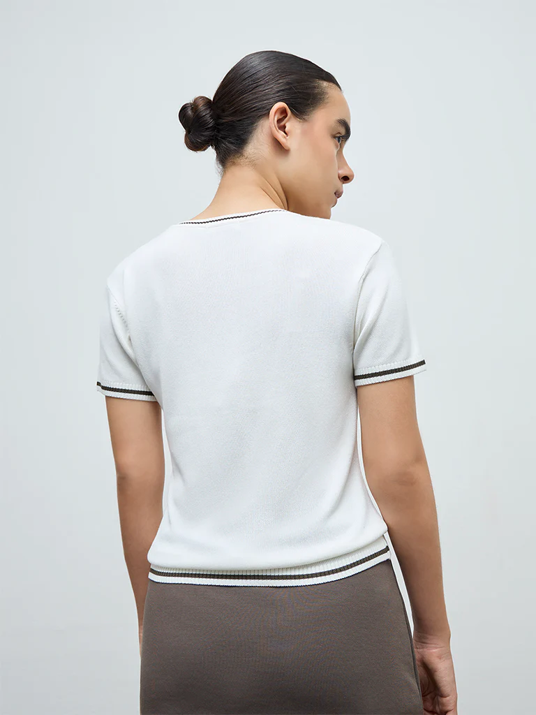 Nuoflexx Off-White Contrast-Detail Cotton Top - Image 4