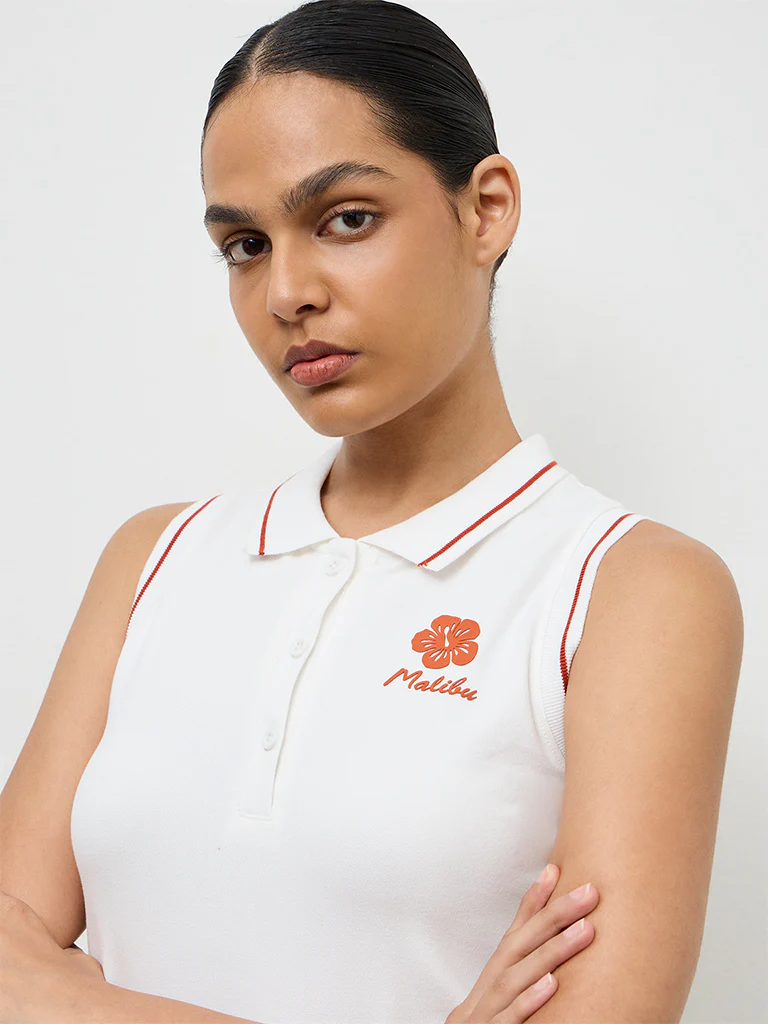 Nuoflexx Off-White Printed Cotton Polo T-Shirt Dress - Image 3