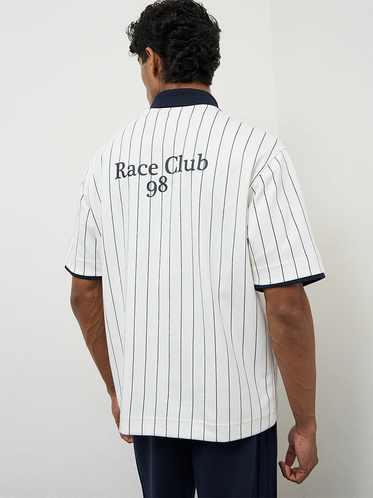 Nuoflexx Off-White Striped Relaxed Fit Polo Cotton-Blend T-Shirt - Image 4