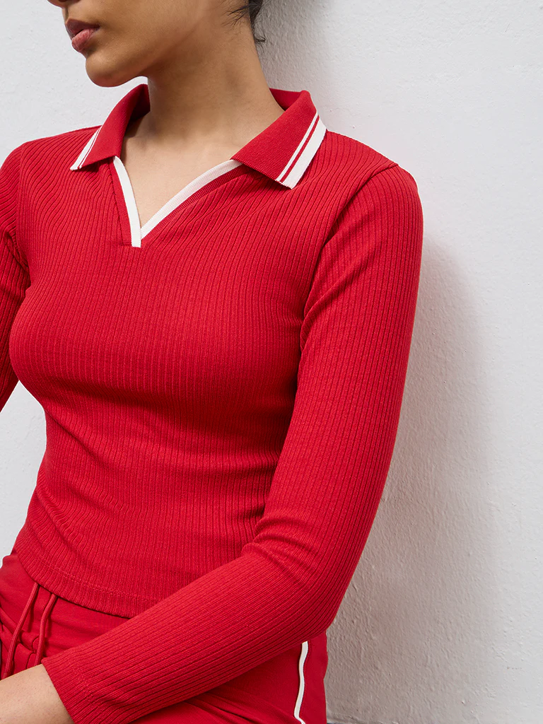 Nuoflexx Red Contrast-Detailed Ribbed Top - Image 3