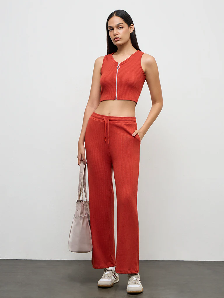 Nuoflexx Red Ribbed-Textured High-Rise Pants