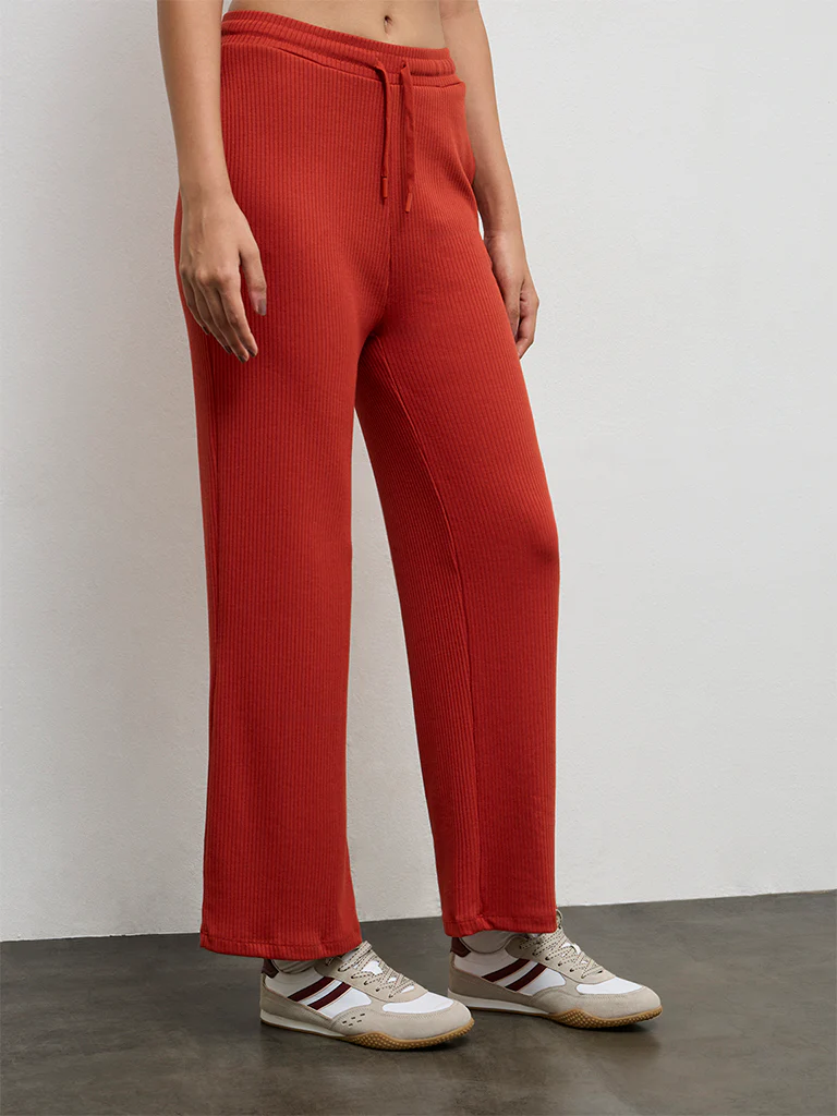 Nuoflexx Red Ribbed-Textured High-Rise Pants - Image 2