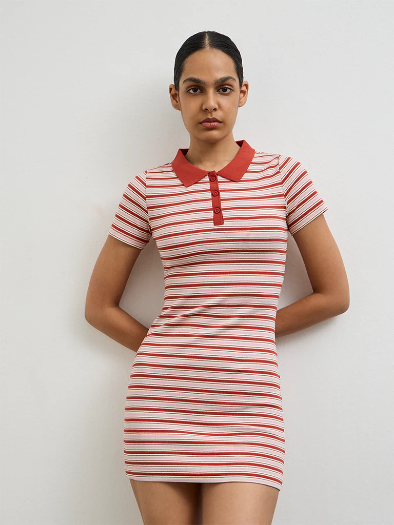 Nuoflexx Rust Stripe-Printed Cotton-Blend Bodycon Dress