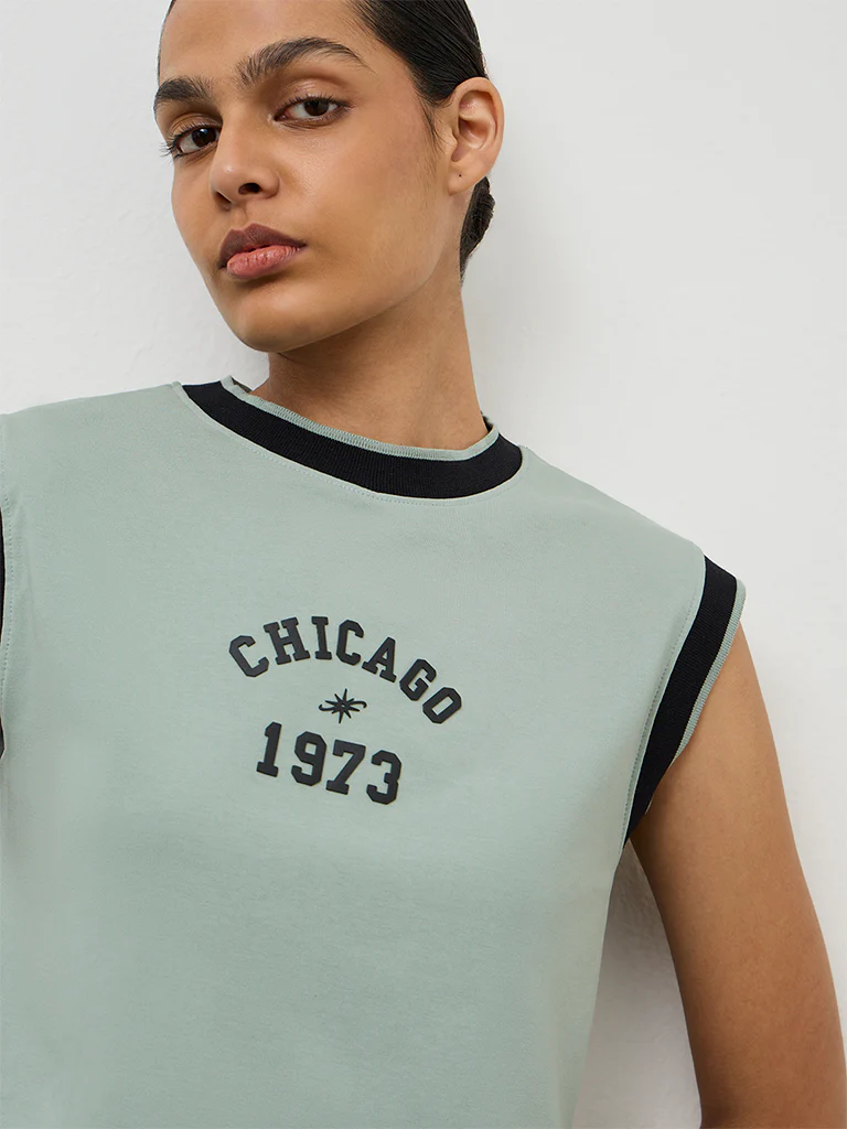 Nuoflexx Sage Green Text Printed Cotton-Blend T-Shirt - Image 3