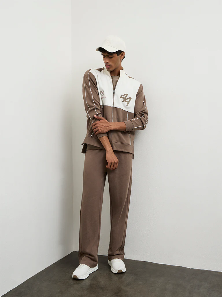 Nuoflexx Taupe Colour-Blocked Relaxed Fit Cotton-Blend Jacket - Image 3