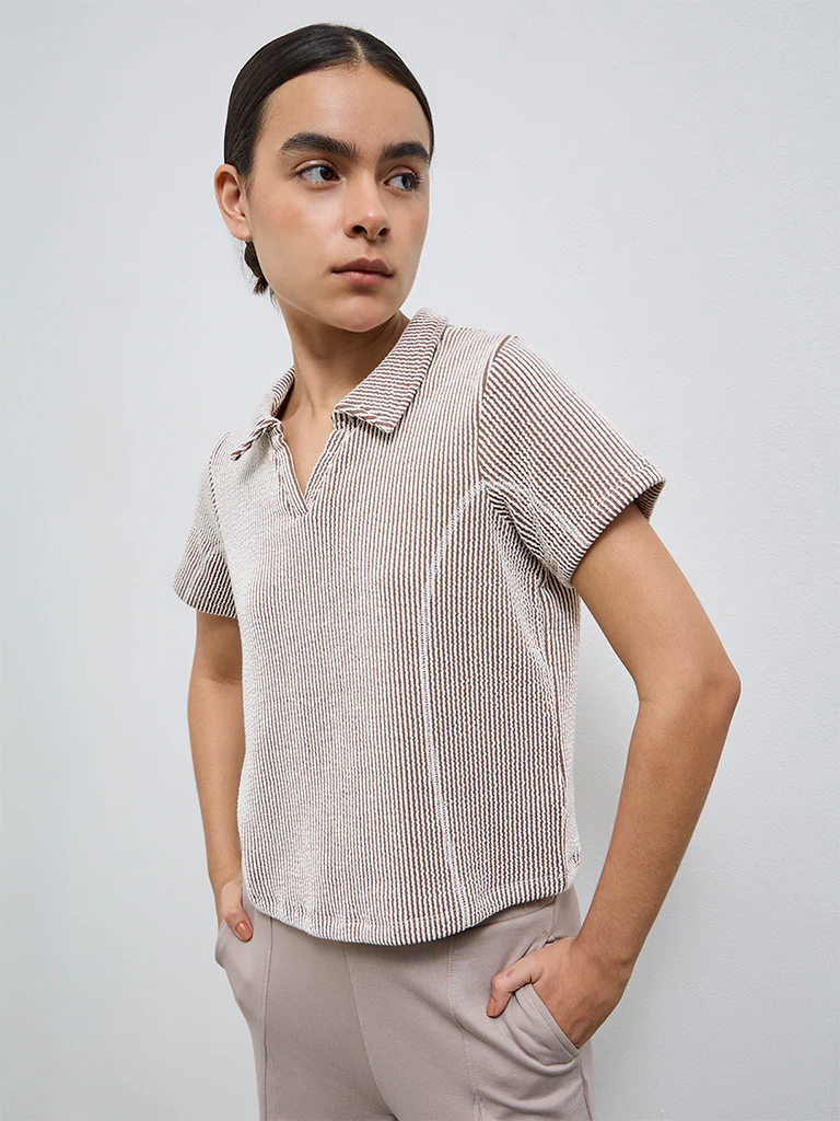 Nuoflexx Taupe Striped Cotton-Blend Top