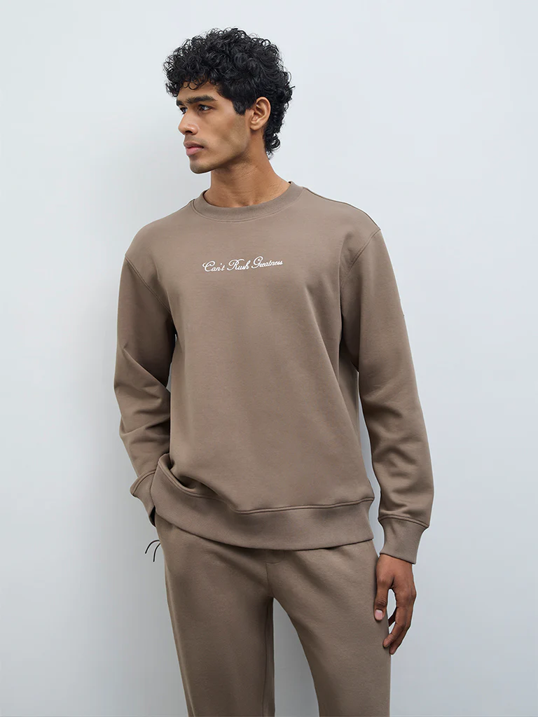 Nuoflexx Taupe Text Design Cotton-Blend Relaxed-Fit Sweatshirt - Image 2