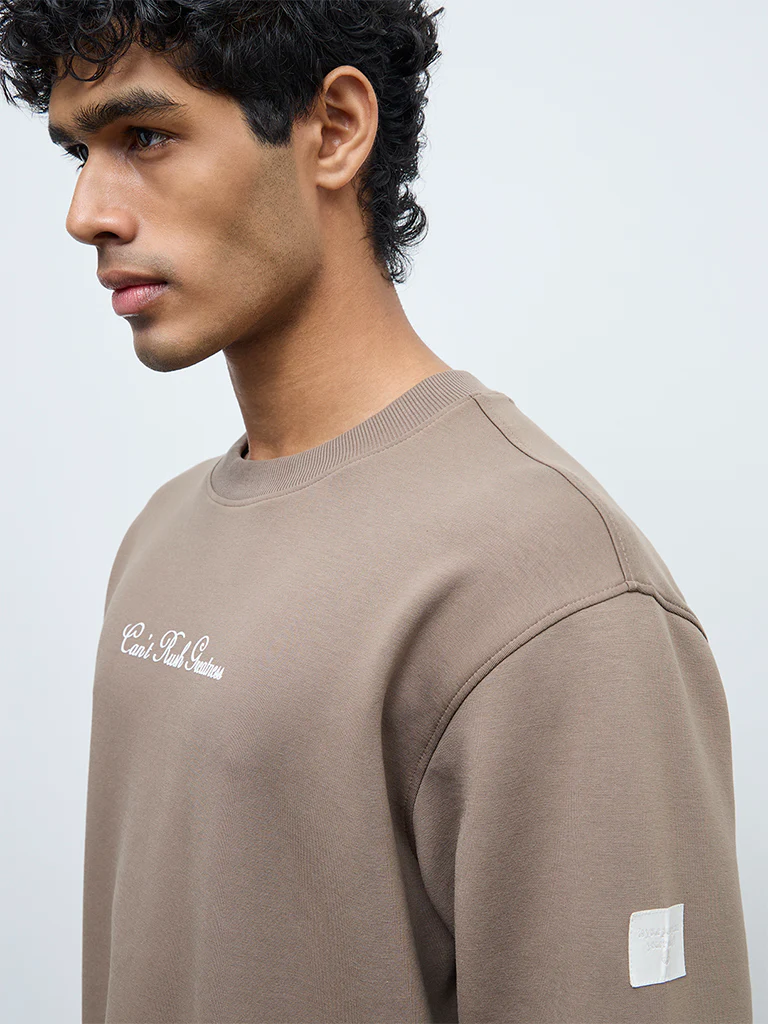 Nuoflexx Taupe Text Design Cotton-Blend Relaxed-Fit Sweatshirt - Image 3