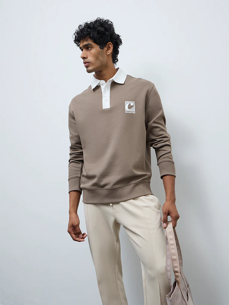 Nuoflexx Taupe Text Detailed Relaxed-Fit Polo T-Shirt