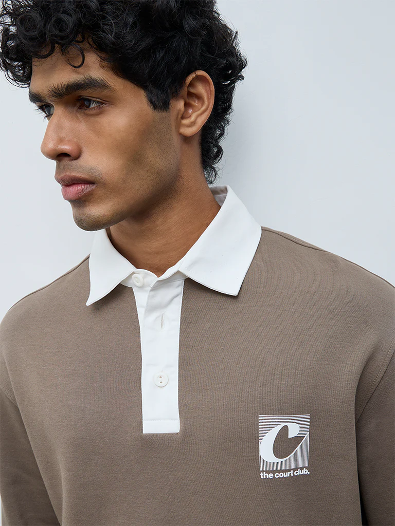 Nuoflexx Taupe Text Detailed Relaxed-Fit Polo T-Shirt - Image 4