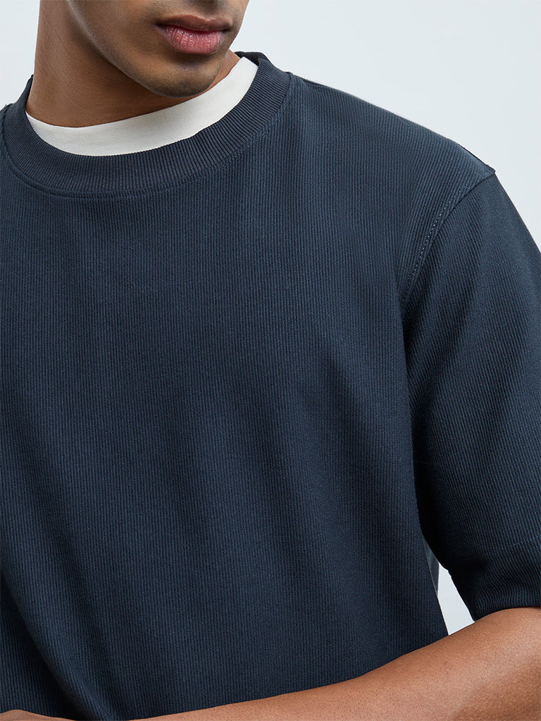 Nuoflexx Teal Ribbed Relaxed-Fit Cotton-Blend T-Shirt - Image 4