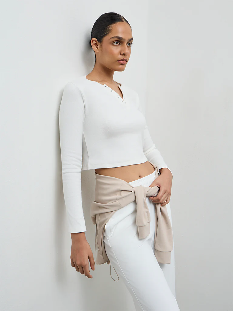Nuoflexx White Ribbed Cotton-Blend Top