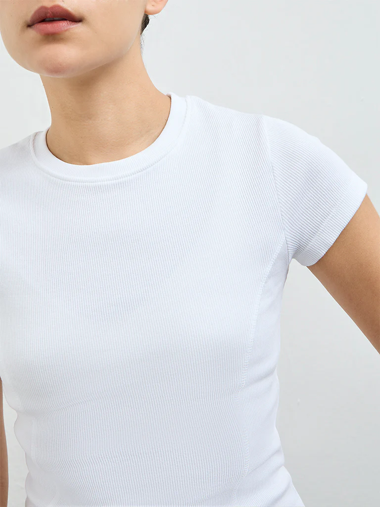 Nuoflexx White Ribbed-Textured Cotton-Blend T-Shirt - Image 3