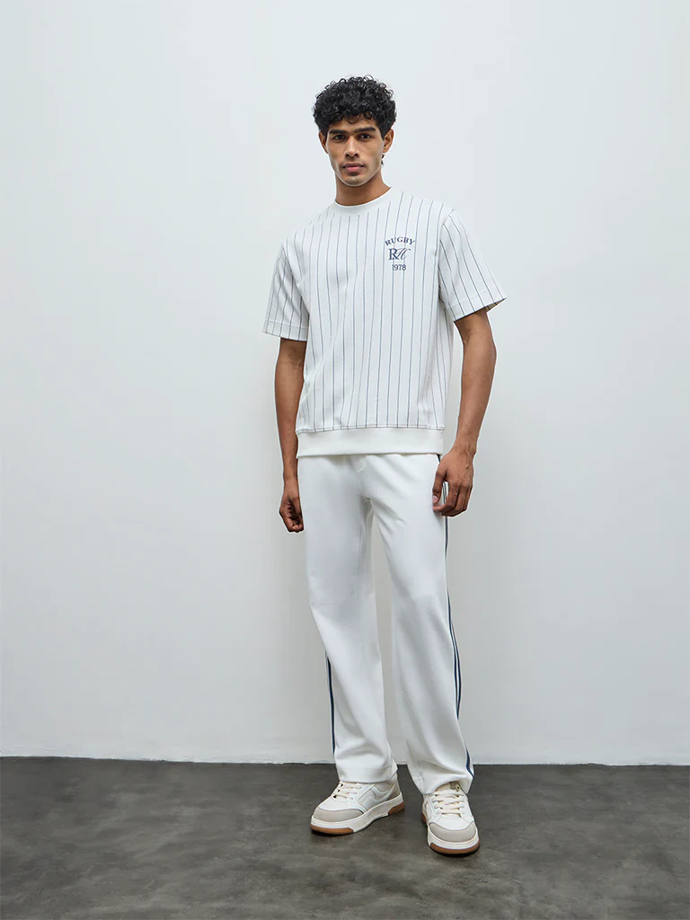 Nuoflexx White Striped Relaxed-Fit Cotton-Blend T-Shirt - Image 2