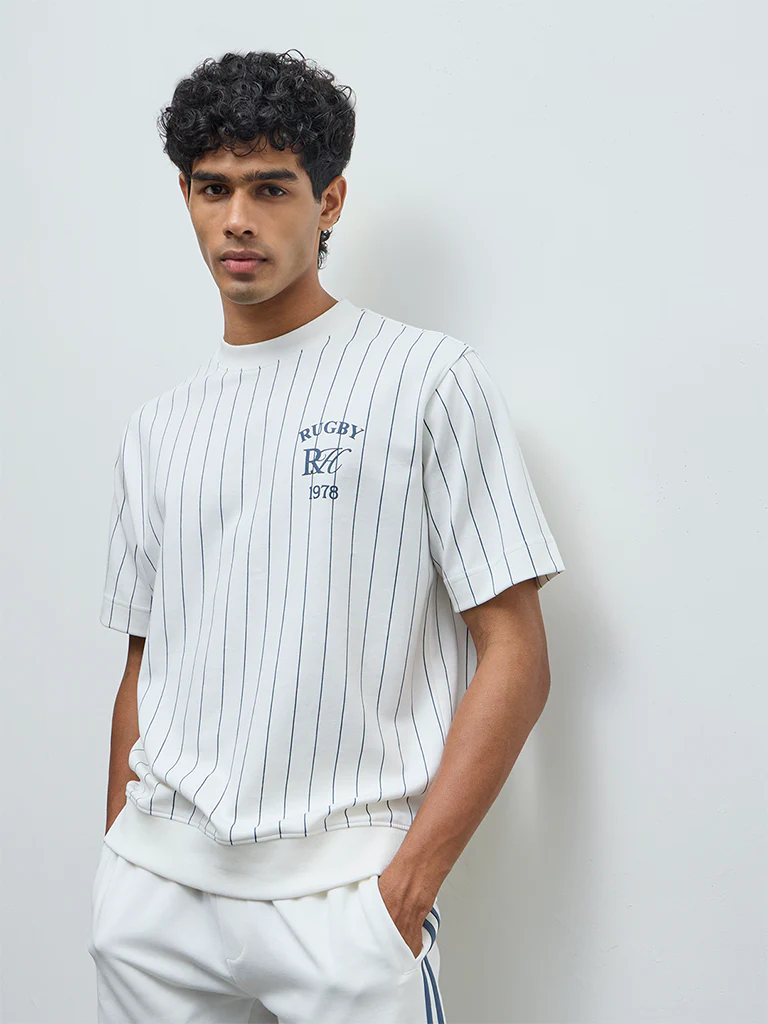Nuoflexx White Striped Relaxed-Fit Cotton-Blend T-Shirt - Image 3