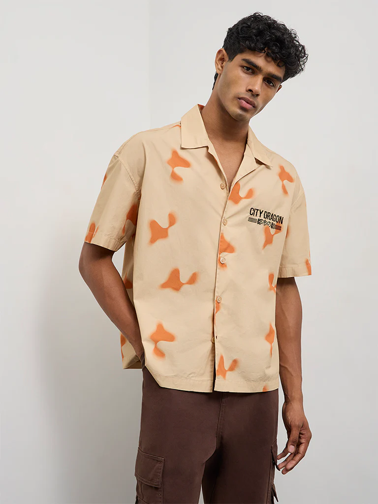 Nuon Beige Abstract Printed Relaxed-Fit Cotton Shirt - Image 2