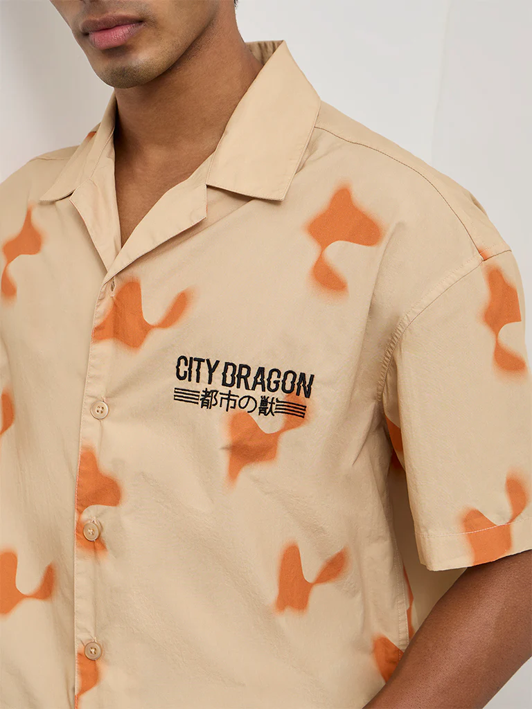 Nuon Beige Abstract Printed Relaxed-Fit Cotton Shirt - Image 3