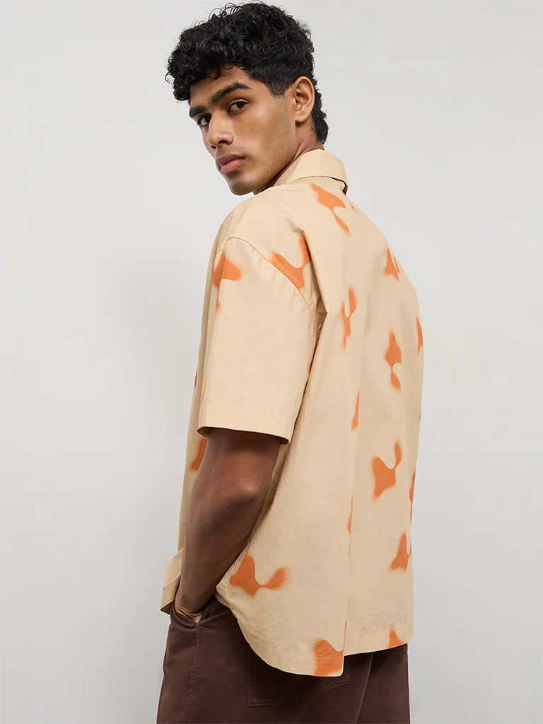 Nuon Beige Abstract Printed Relaxed-Fit Cotton Shirt - Image 4