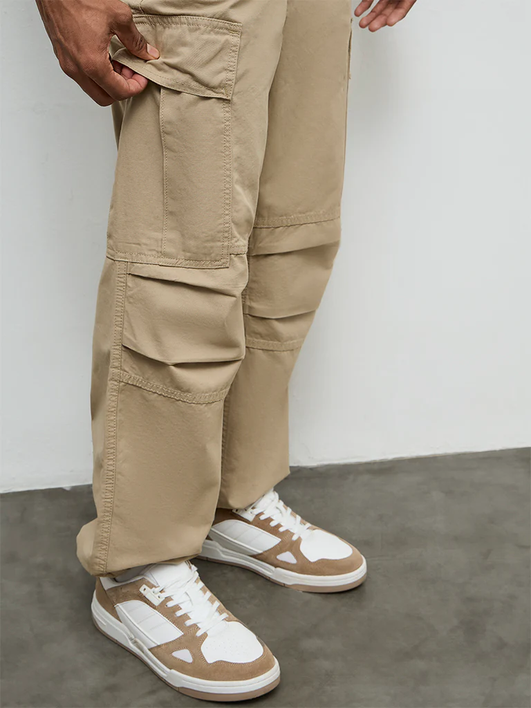 Nuon Beige Baggy-Fit Mid-Rise Cotton Cargo Pants - Image 3