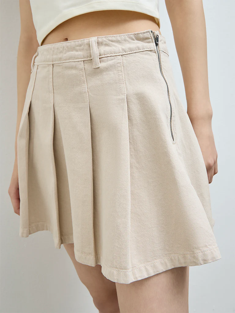Nuon Beige Box-Pleated High-Rise Denim Skirt - Image 3