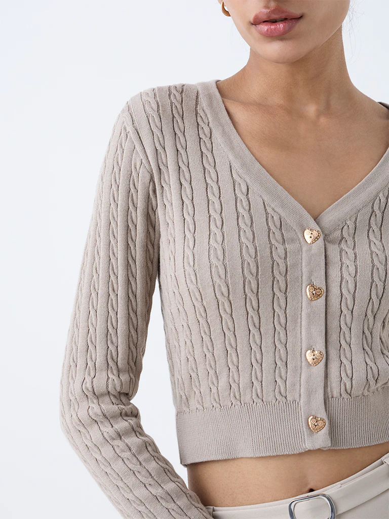 Nuon Beige Cable-Knit Cotton Cardigan - Image 3