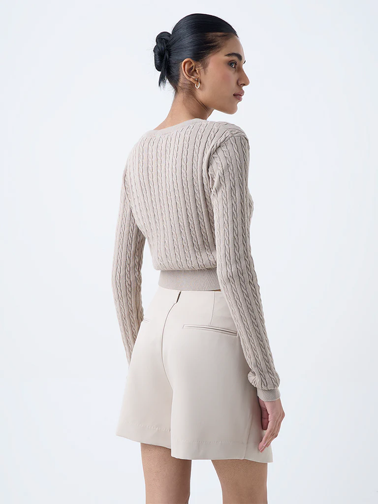 Nuon Beige Cable-Knit Cotton Cardigan - Image 4