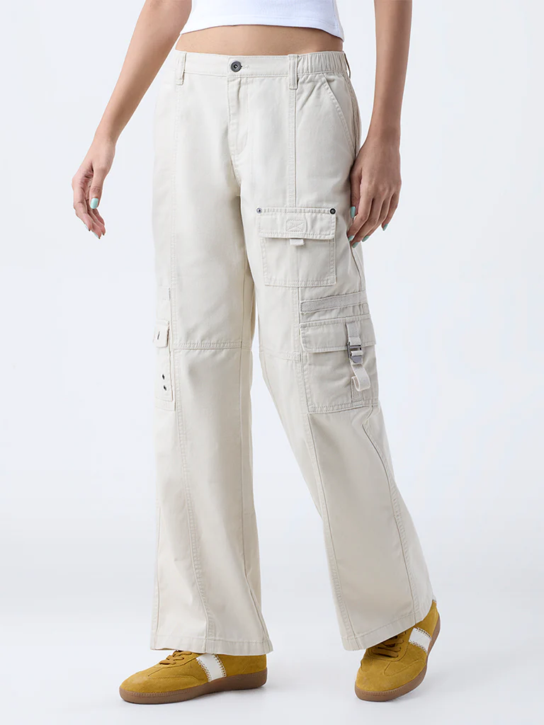 Nuon Beige Cargo-Style High-Rise Cotton Pants - Image 2