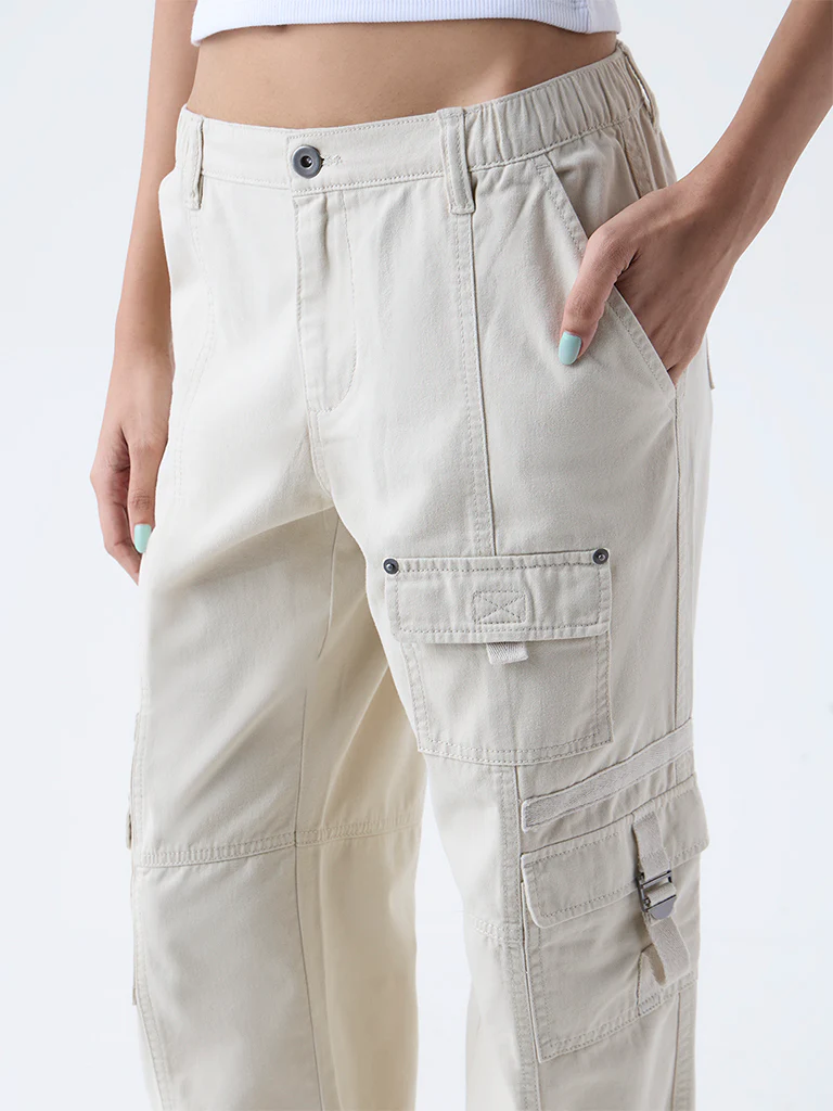Nuon Beige Cargo-Style High-Rise Cotton Pants - Image 3