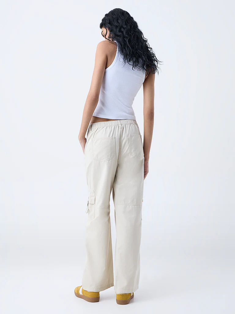 Nuon Beige Cargo-Style High-Rise Cotton Pants - Image 4