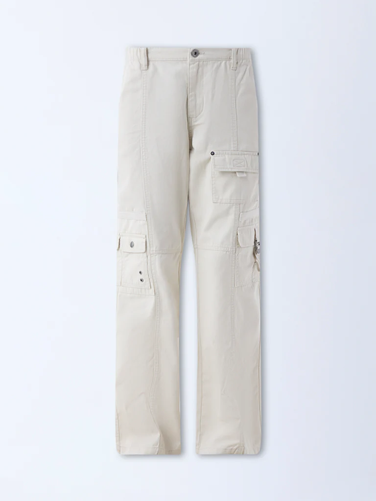 Nuon Beige Cargo-Style High-Rise Cotton Pants - Image 5