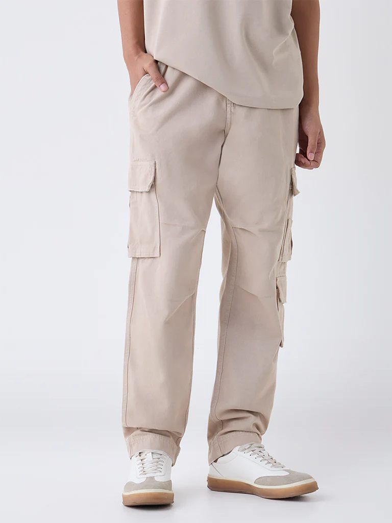 Nuon Beige Cargo-Style Relaxed-Fit Mid-Rise Cotton Pants - Image 3