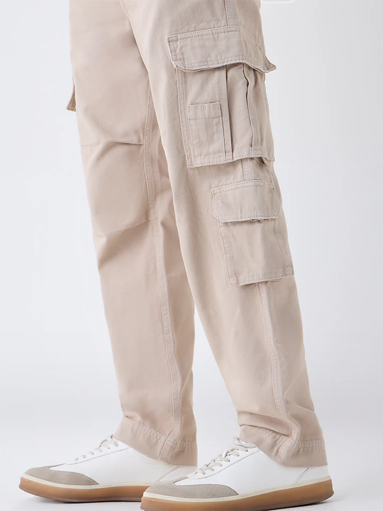 Nuon Beige Cargo-Style Relaxed-Fit Mid-Rise Cotton Pants - Image 4