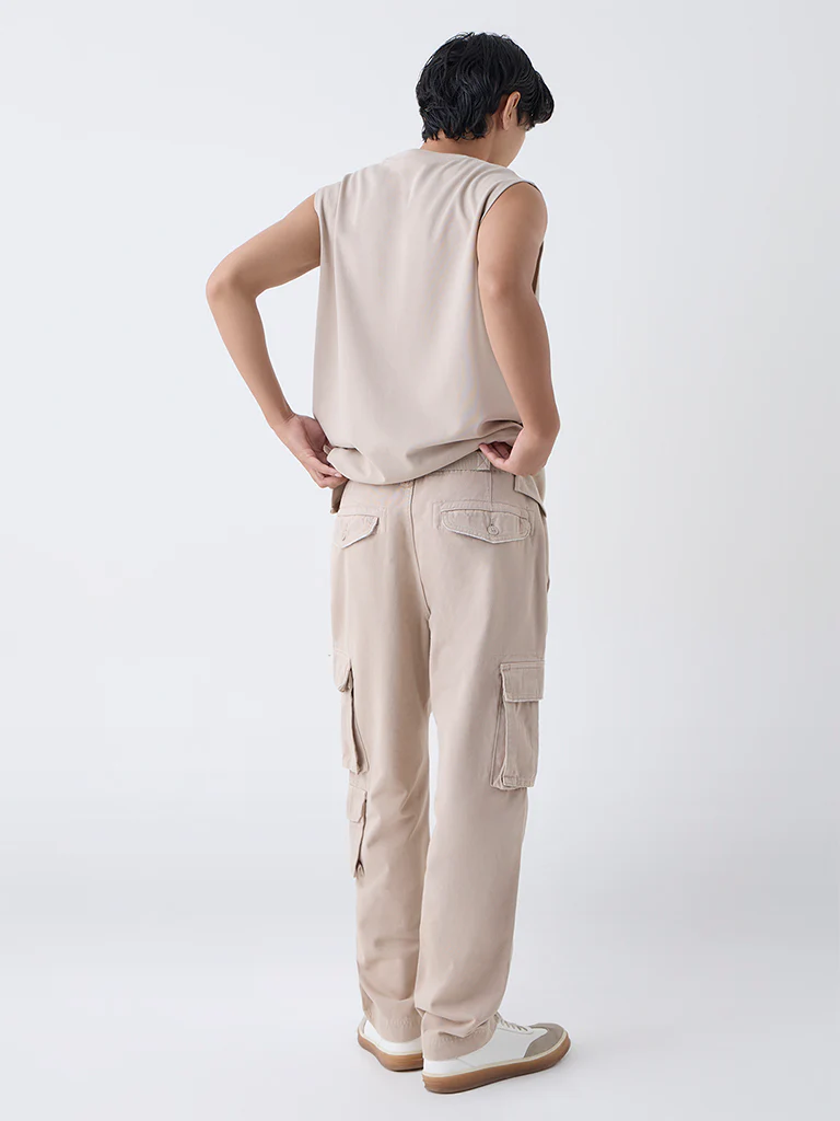 Nuon Beige Cargo-Style Relaxed-Fit Mid-Rise Cotton Pants - Image 5