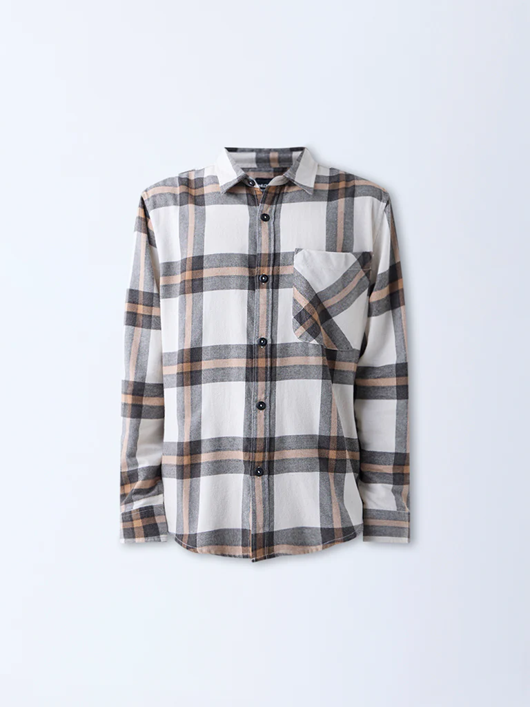Nuon Beige Checkered Relaxed-Fit Cotton-Blend Shirt - Image 5