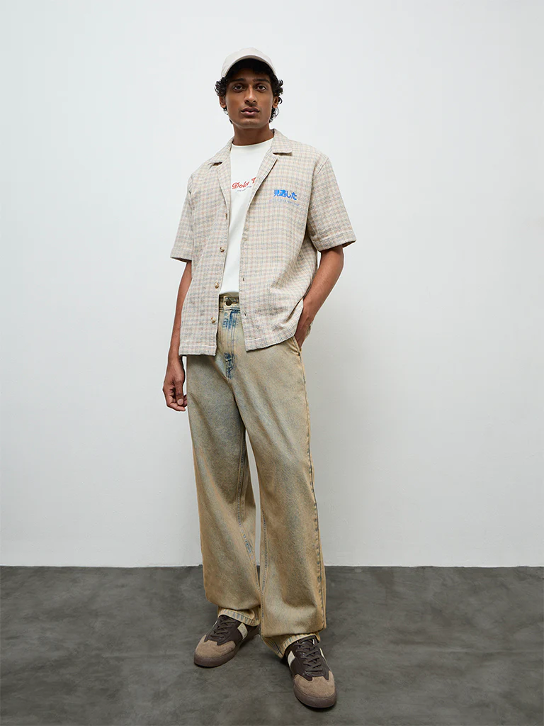 Nuon Beige Checkered Relaxed-Fit Cotton Shirt - Image 2