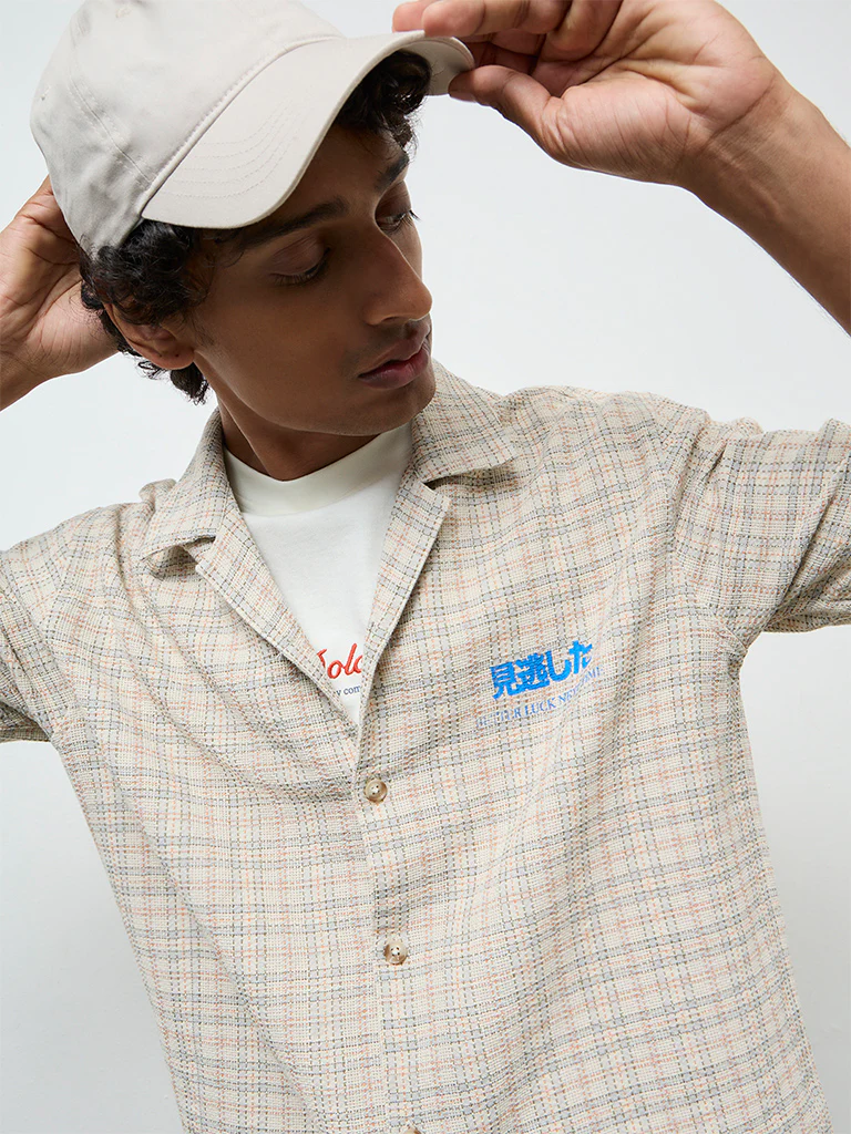 Nuon Beige Checkered Relaxed-Fit Cotton Shirt - Image 3
