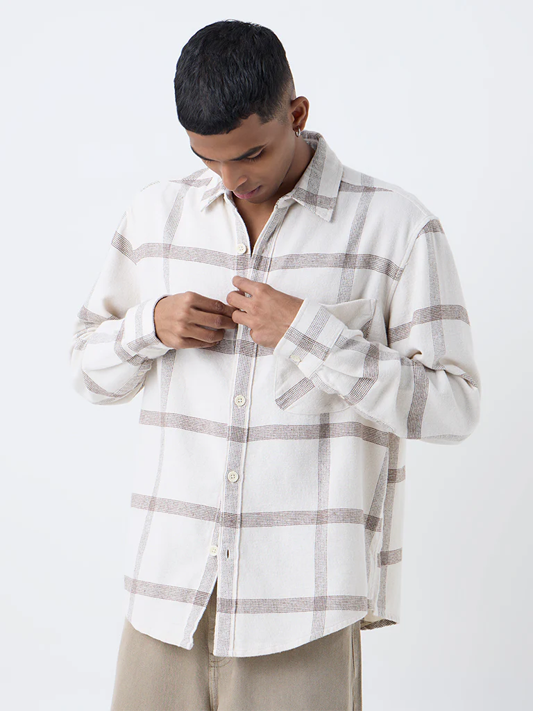Nuon Beige Checks Printed Relaxed-Fit Cotton Shirt - Image 2