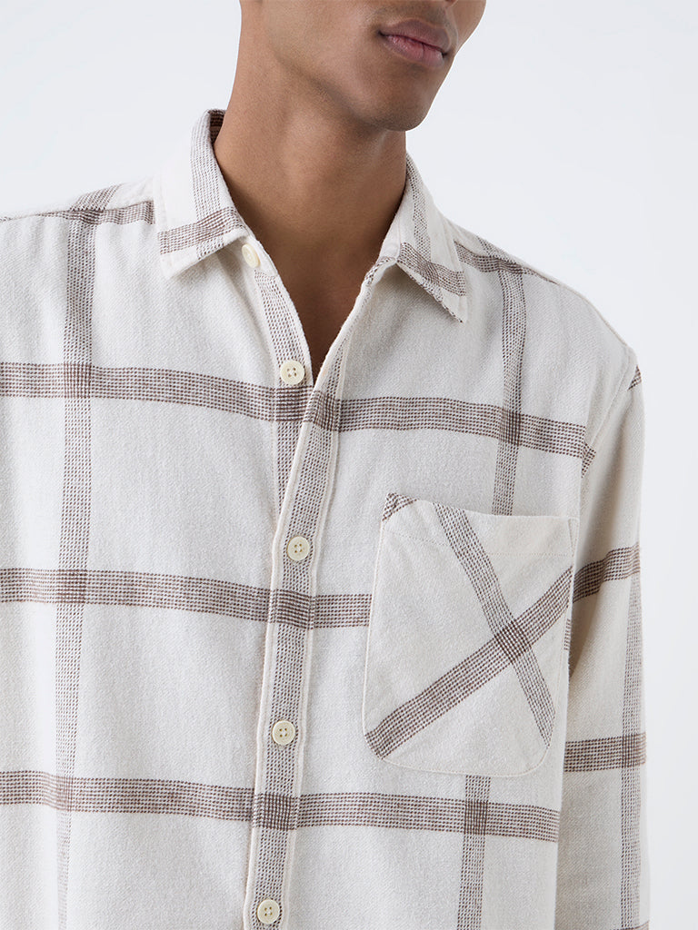 Nuon Beige Checks Printed Relaxed-Fit Cotton Shirt - Image 3