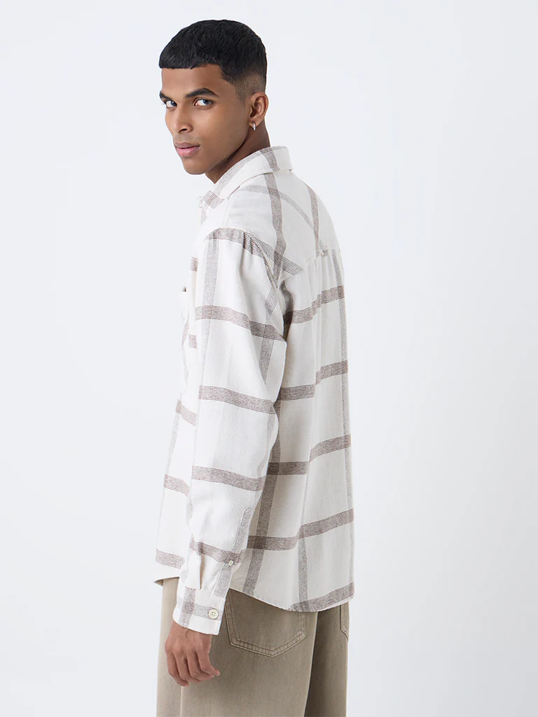 Nuon Beige Checks Printed Relaxed-Fit Cotton Shirt - Image 4