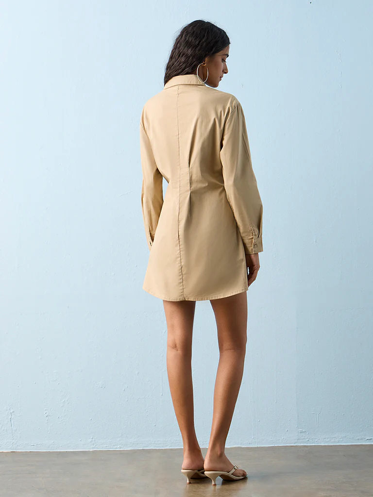 Nuon Beige Criss-Cross Design Cotton-Blend Shirt Dress - Image 4