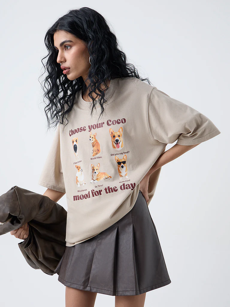 Nuon Beige Graphic Print Oversized Cotton T-Shirt - Image 2