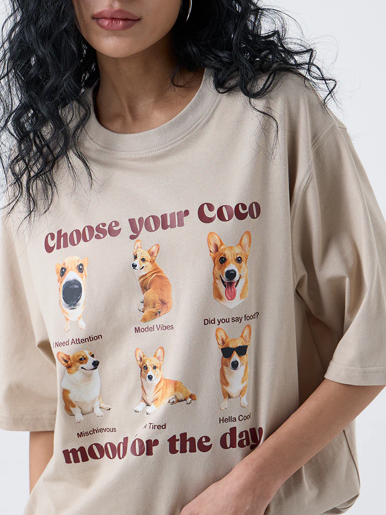 Nuon Beige Graphic Print Oversized Cotton T-Shirt - Image 3
