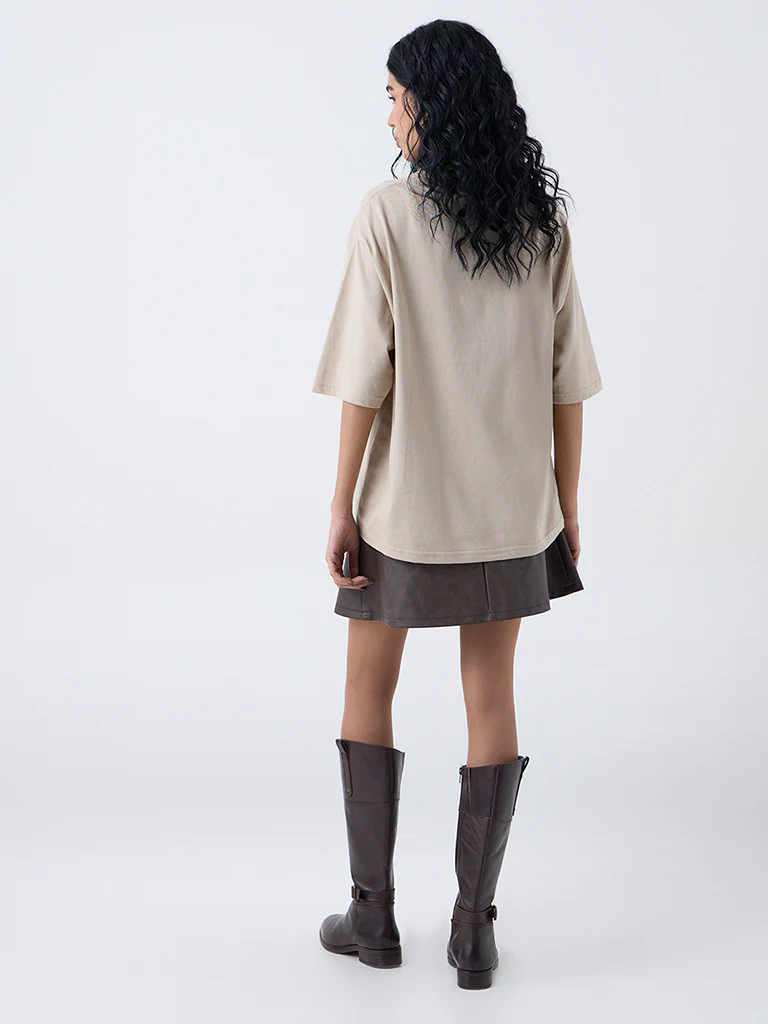 Nuon Beige Graphic Print Oversized Cotton T-Shirt - Image 4