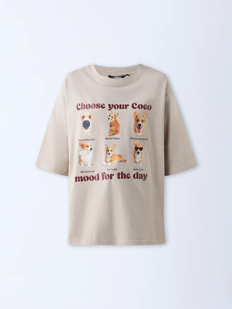 Nuon Beige Graphic Print Oversized Cotton T-Shirt - Image 5