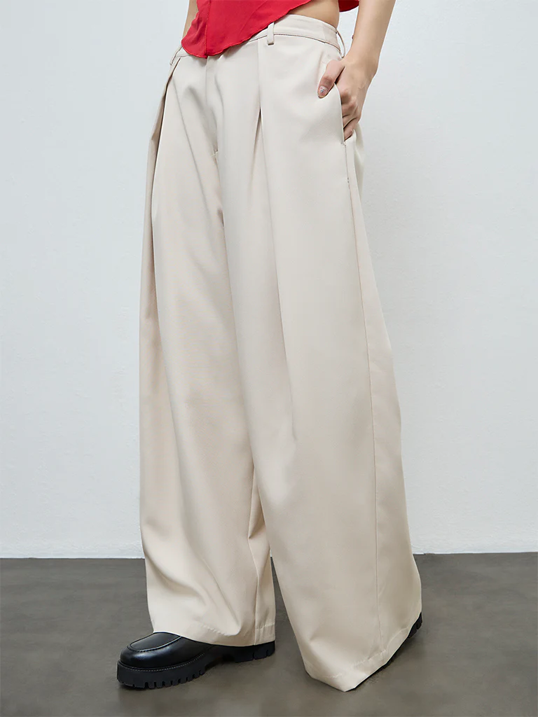 Nuon Beige Pleated High-Rise Trousers - Image 2