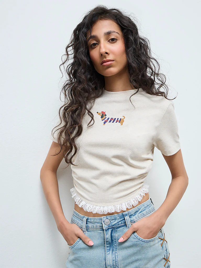 Nuon Beige Printed Cotton-Blend T-Shirt